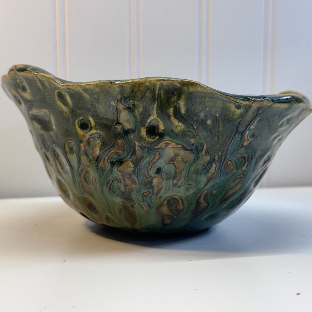 Unbranded Studio Pottery Bowl Small Green Blue Wavy Rim Organic Wabi Sabi Boho